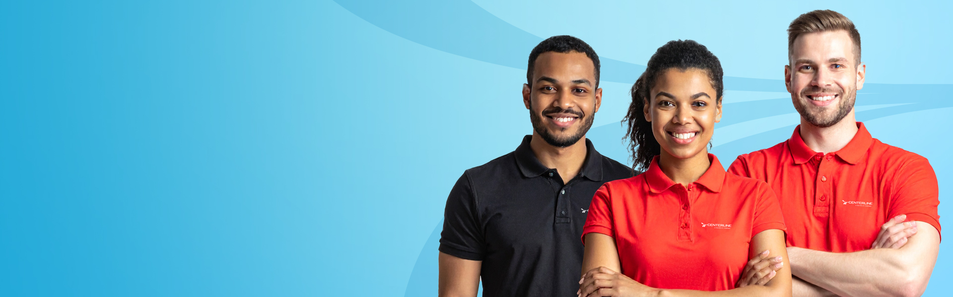 Portrait of three professional drivers with abstract blue Centerline Drivers logo in the background